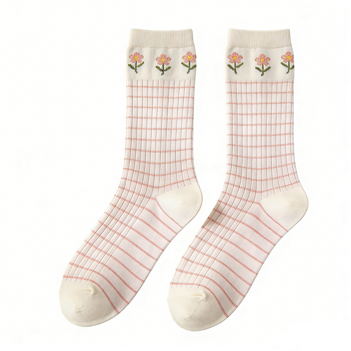 Light Pink Plaid Mid-calf Socks with Three Small Flower Embroidery