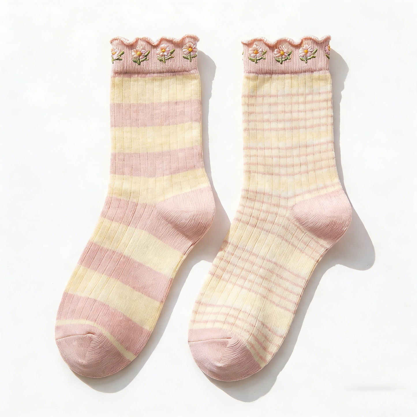Pastel Pink & Cream Contrast Ruffled Ankle Socks