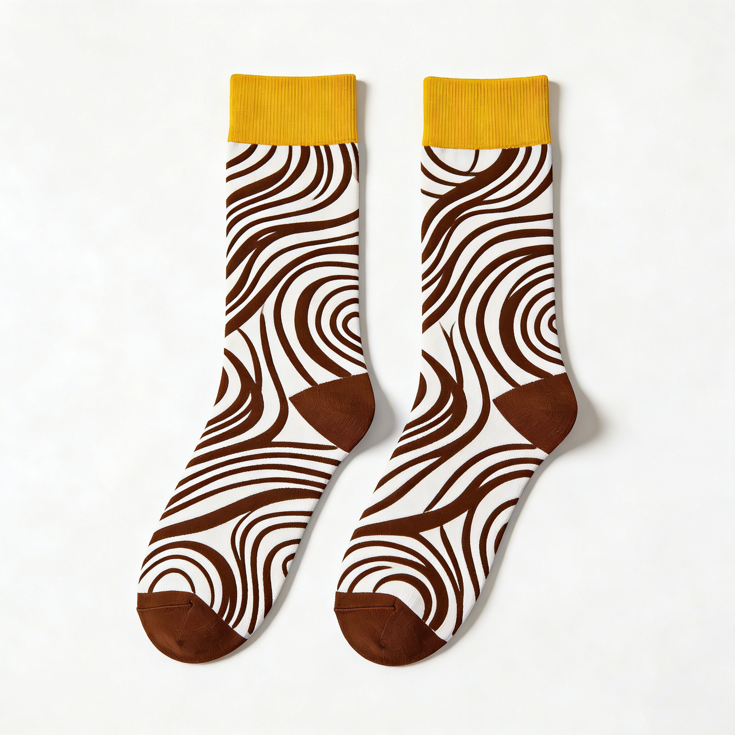 Brown & White Swirl Pattern Yellow Cuff Crew Socks