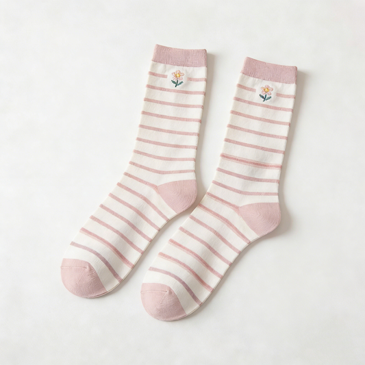 Soft Pink-White Striped Mid-Calf Socks with Floral Embroidery