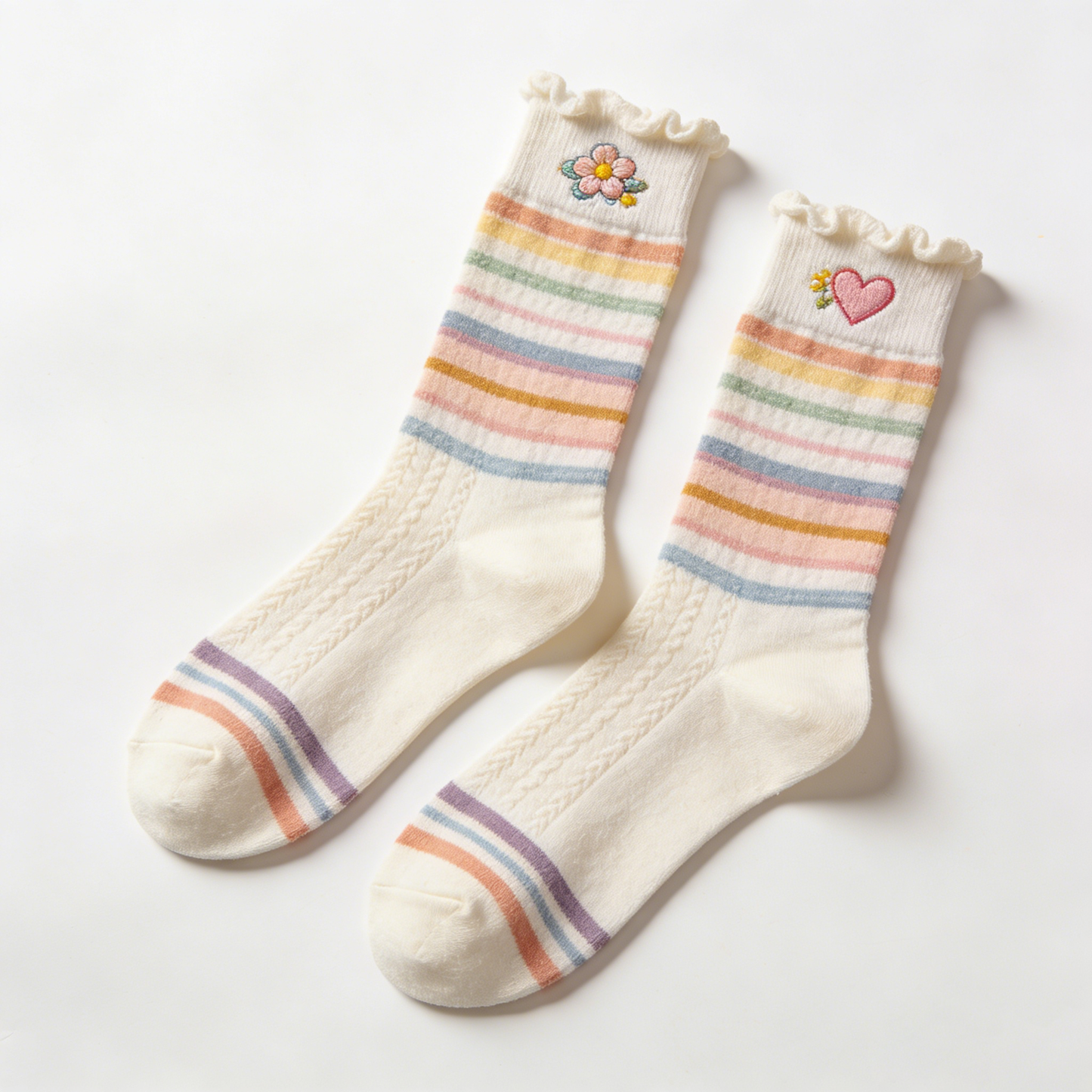 Rainbow Striped Ruffled Socks with Flower & Heart Embroidery