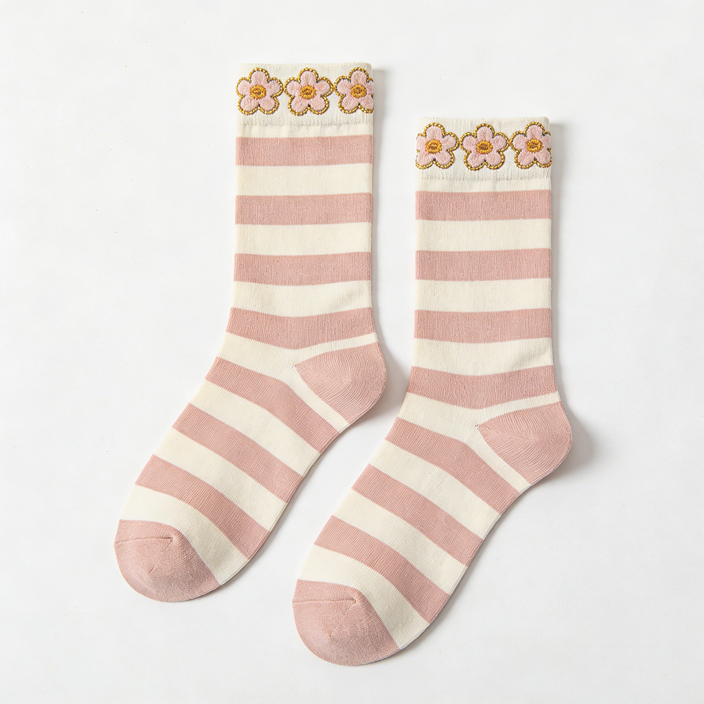 Pink-White Striped Mid-Calf Socks with Golden-Edge Floral Decor