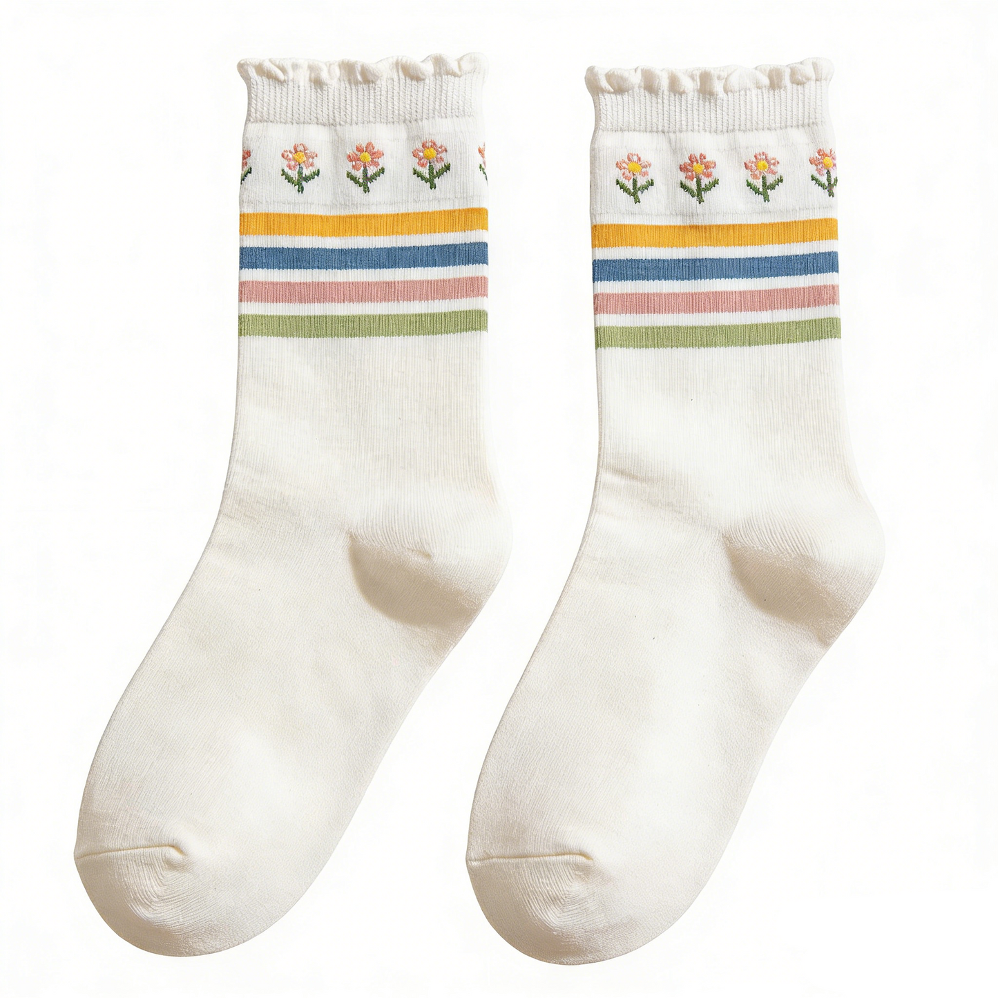 Ruffled Edge White Base Rainbow Striped Mid-calf Socks with Small Flower Embroidery