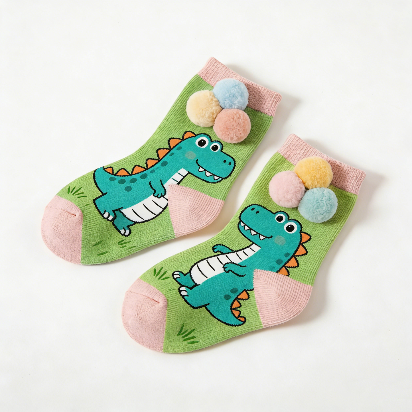 Dinosaur & Pom-Pom Color Block Kids Crew Socks
