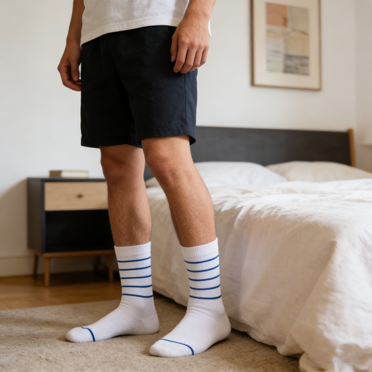 White with Blue Thin Stripe Crew Socks