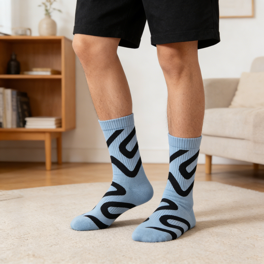 Light Blue with Black Swirl Pattern Streetwear Crew Socks