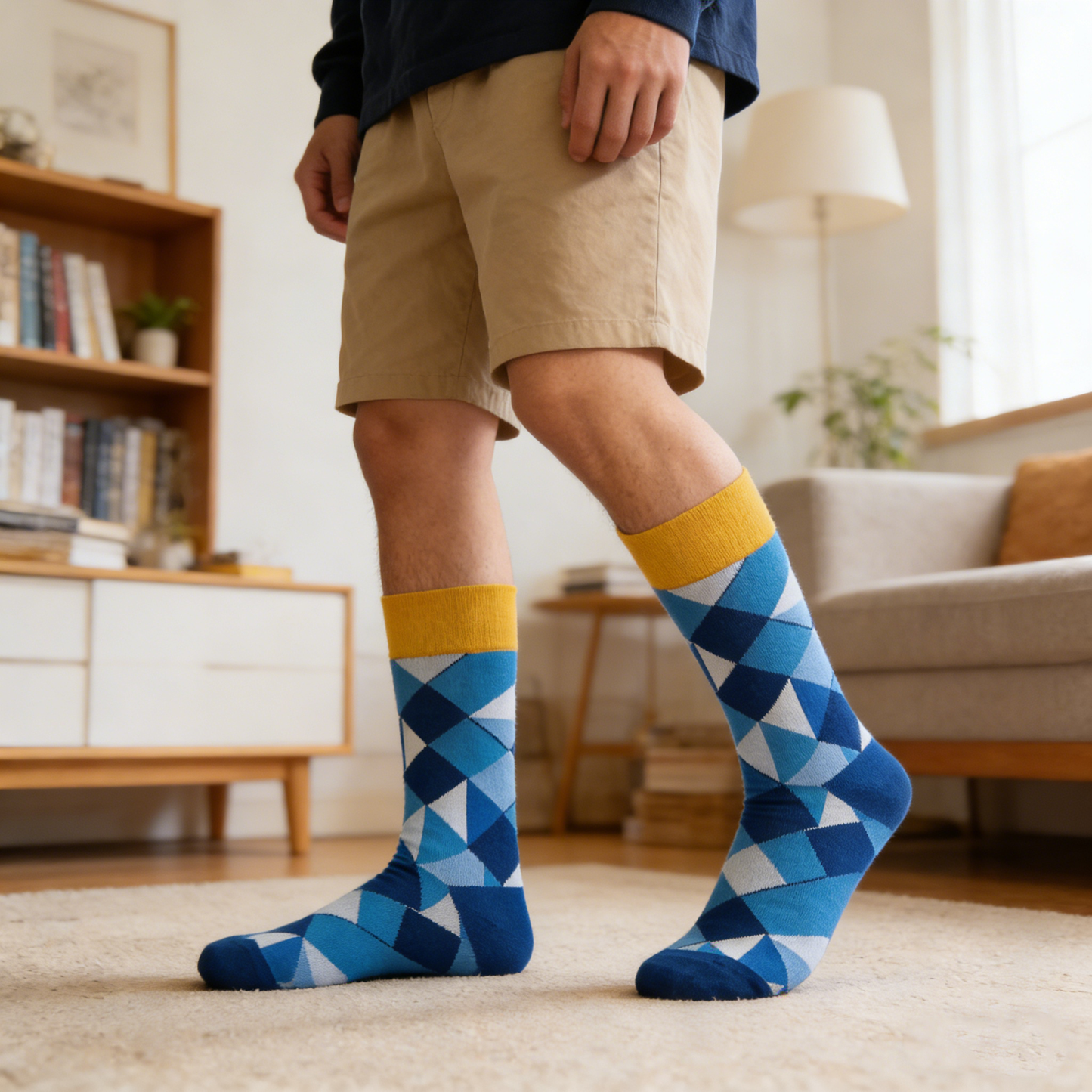 Blue & White Geometric Diamond Yellow Cuff Crew Socks