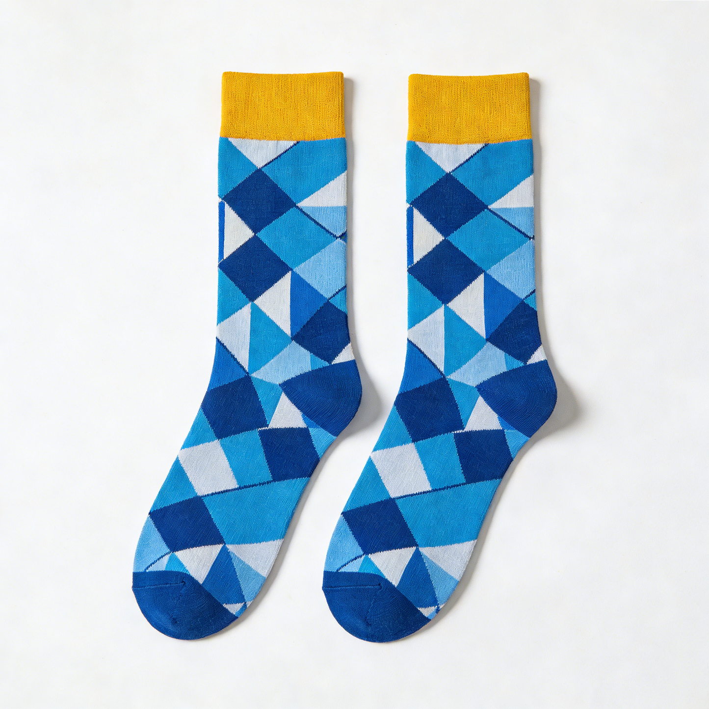 Blue & White Geometric Diamond Yellow Cuff Crew Socks