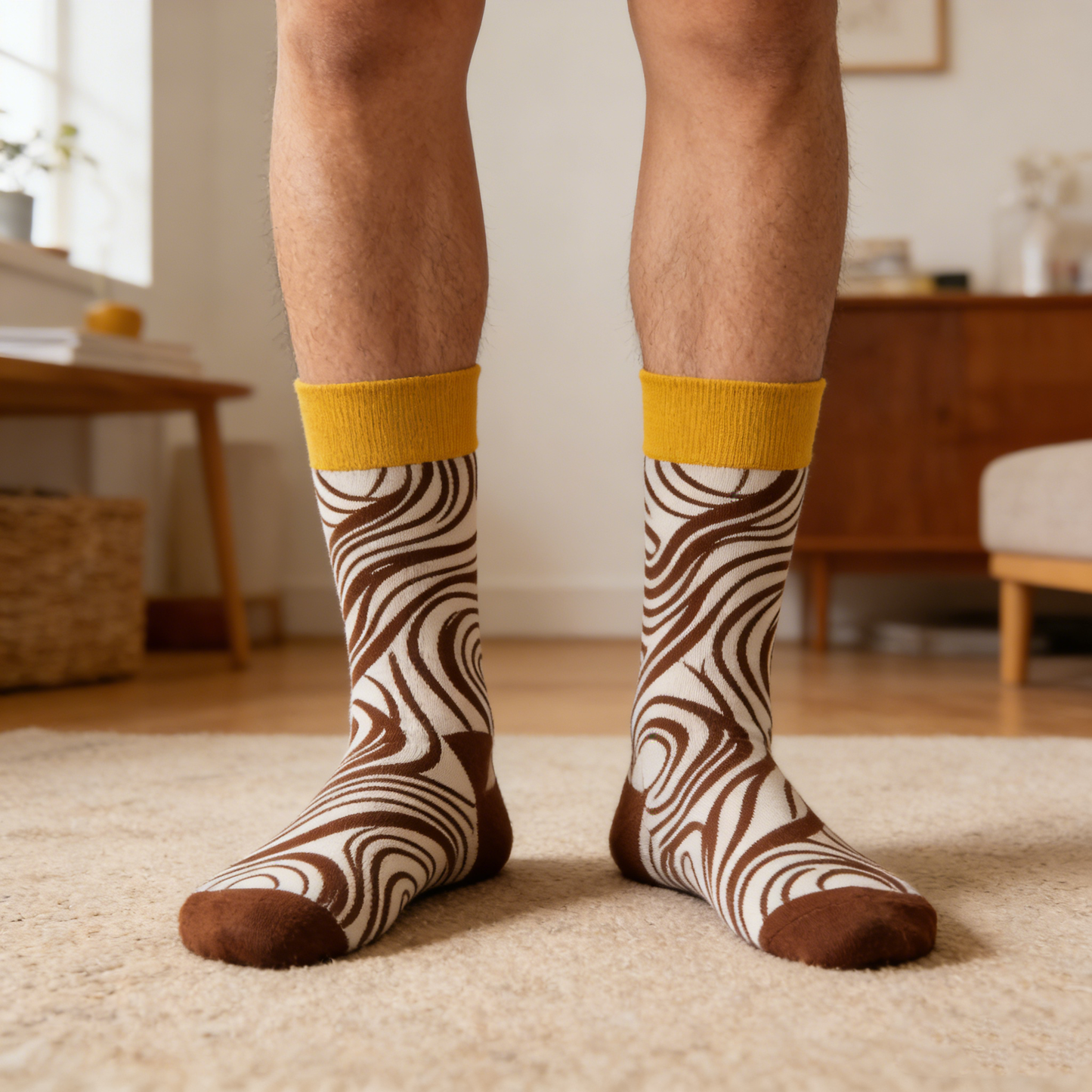 Brown & White Swirl Pattern Yellow Cuff Crew Socks