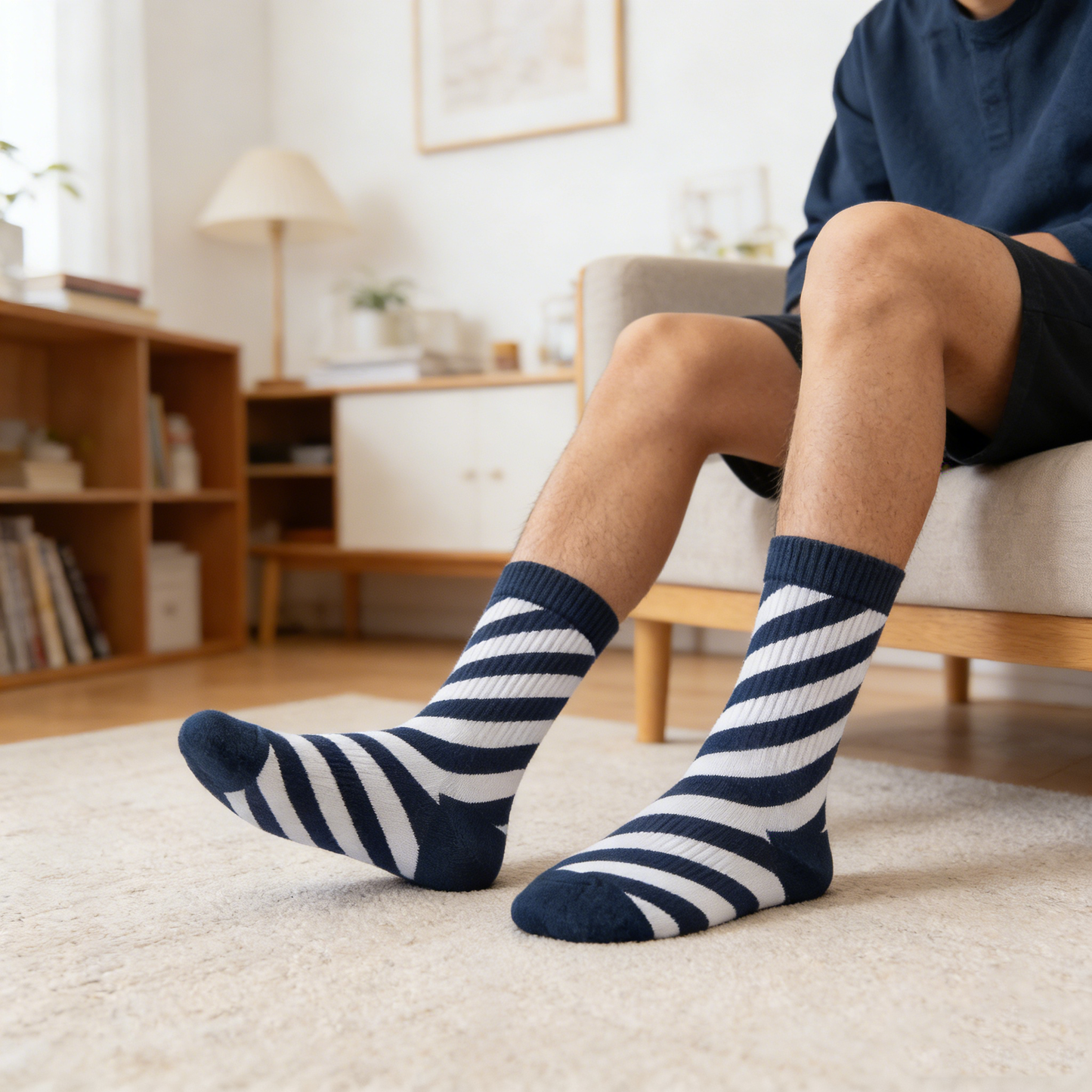 Navy & White Diagonal Stripe Crew Socks