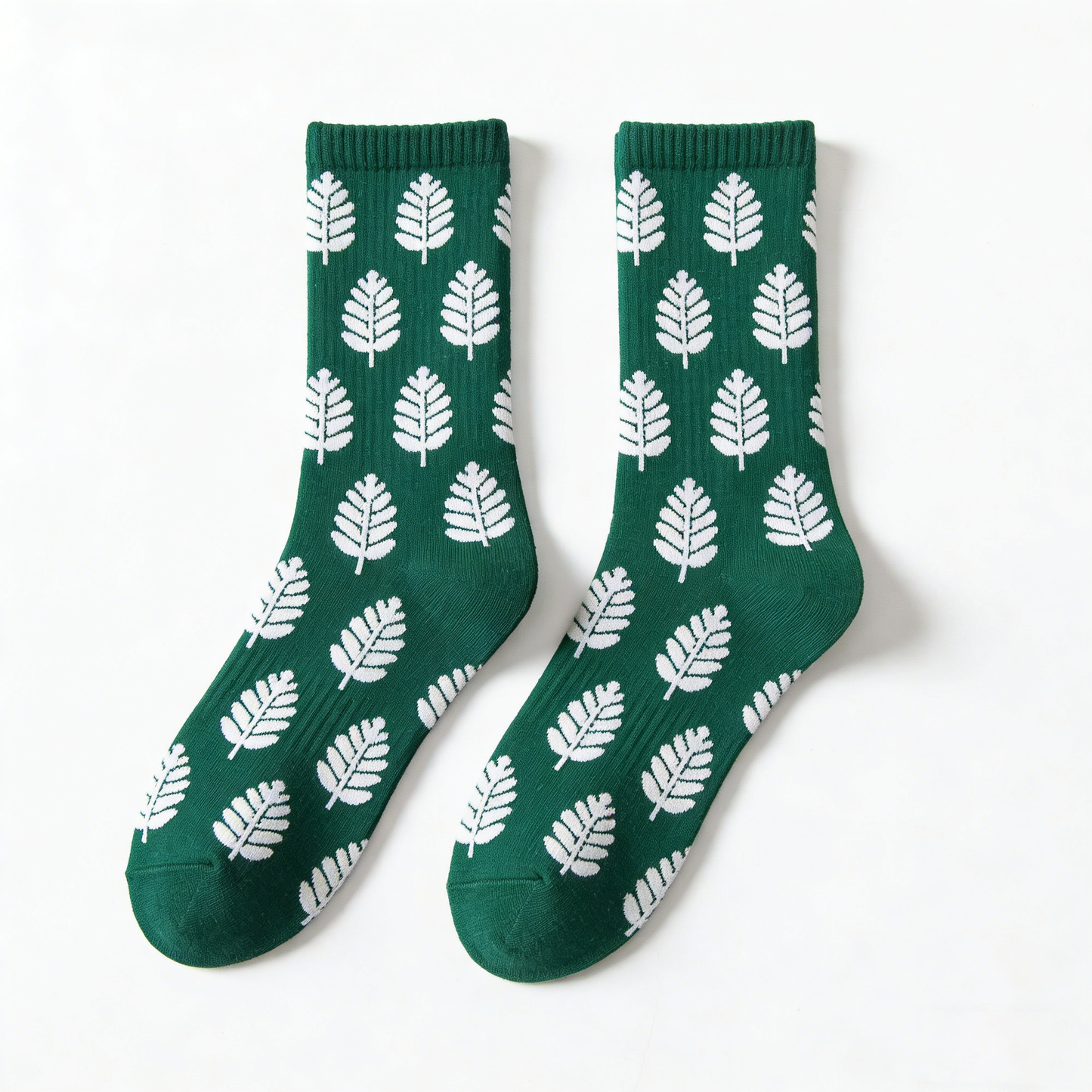 Dark Green with White Leaf Pattern Crew Socks