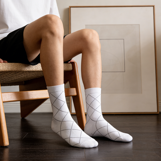 White with Gray Grid Pattern Crew Socks
