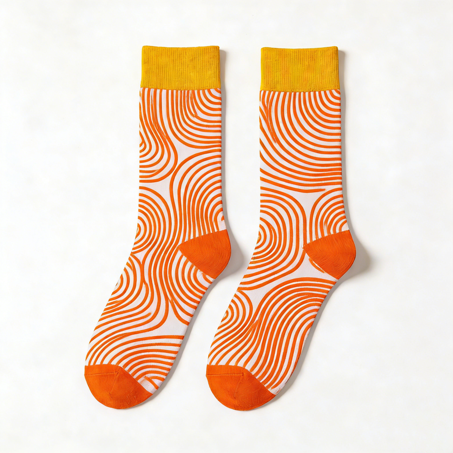 Orange & White Swirl Pattern Yellow Cuff Crew Socks