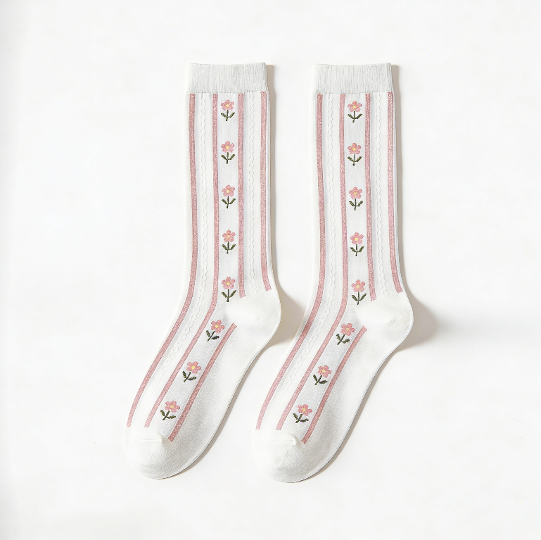 White Base Pink Vertical Striped Mid-calf Socks with Vertically Arranged Small Flower Embroidery