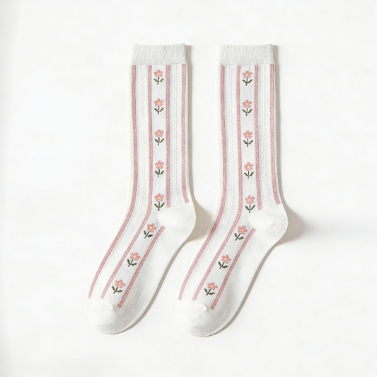 White Base Pink Vertical Striped Mid-calf Socks with Vertically Arranged Small Flower Embroidery