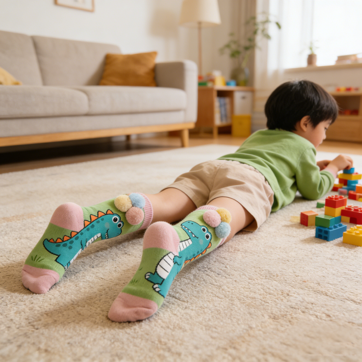 Dinosaur & Pom-Pom Color Block Kids Crew Socks