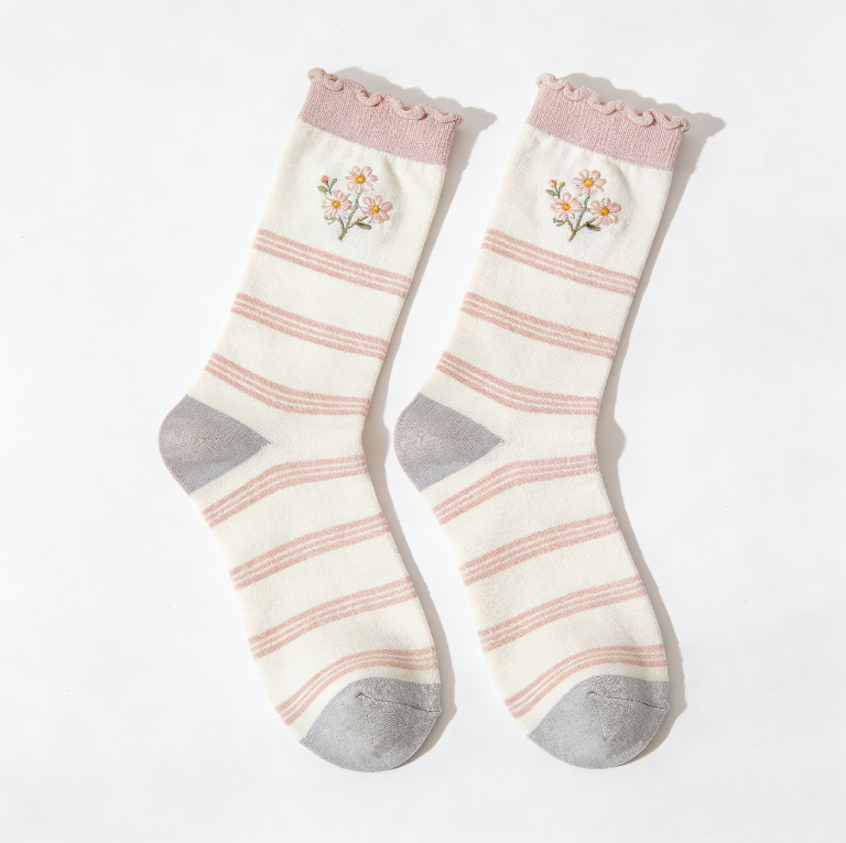 Ruffled Edge Pink-white Striped Mid-calf Socks with Small Flower Embroidery