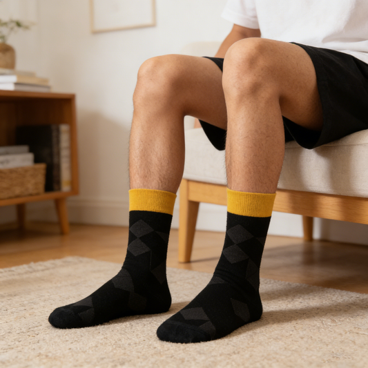 Black & Gray Geometric Diamond Yellow Cuff Crew Socks