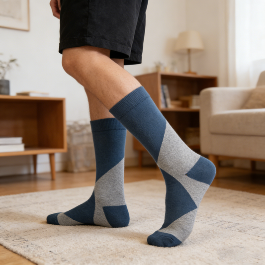 Blue & Gray Geometric Panel Over-the-Calf Socks