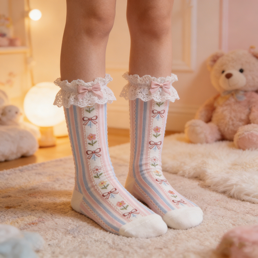 Bowknot Color Stripe Ruffled Socks