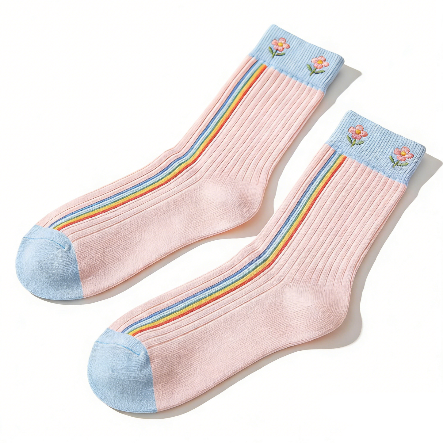 Light Pink and Blue Color Block Rainbow Striped Mid-calf Socks with Small Flower Embroidery