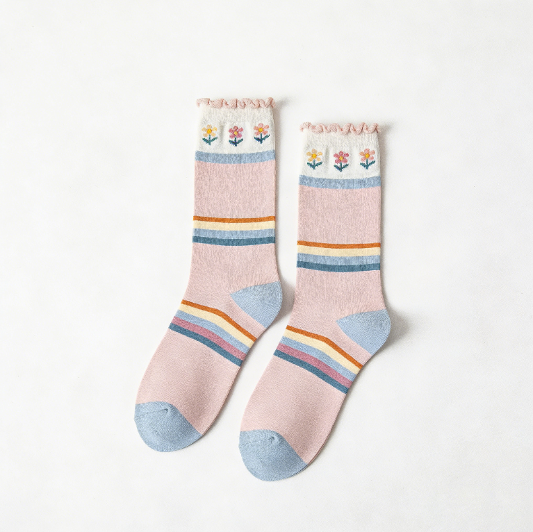 Ruffled Edge Light Pink Color Block Striped Mid-calf Socks with Small Flower Embroidery