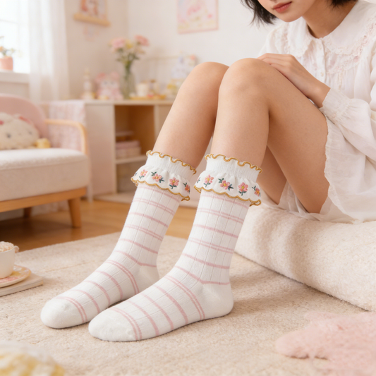 Gold Trim Plaid Floral Embroidery Socks