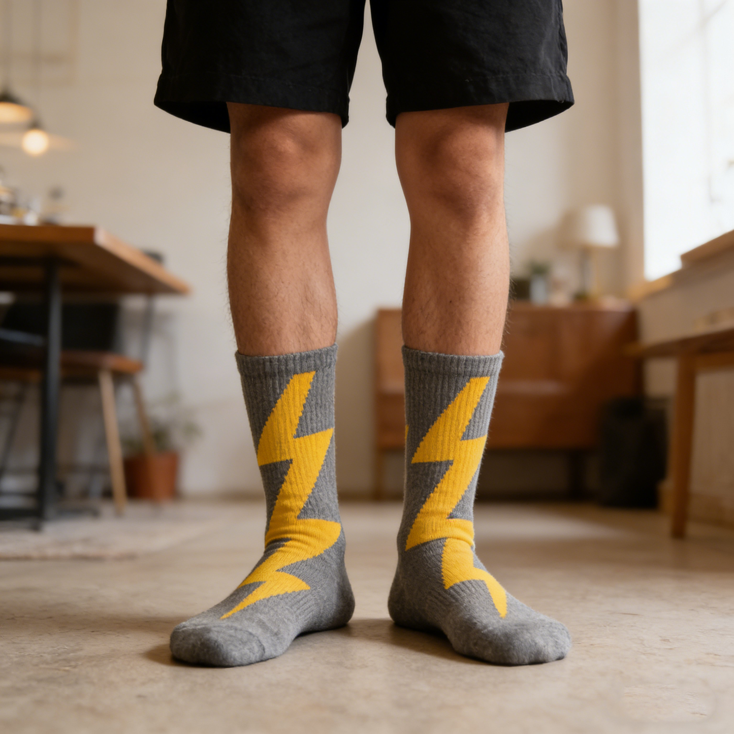 Gray with Yellow Lightning Bolt Crew Socks