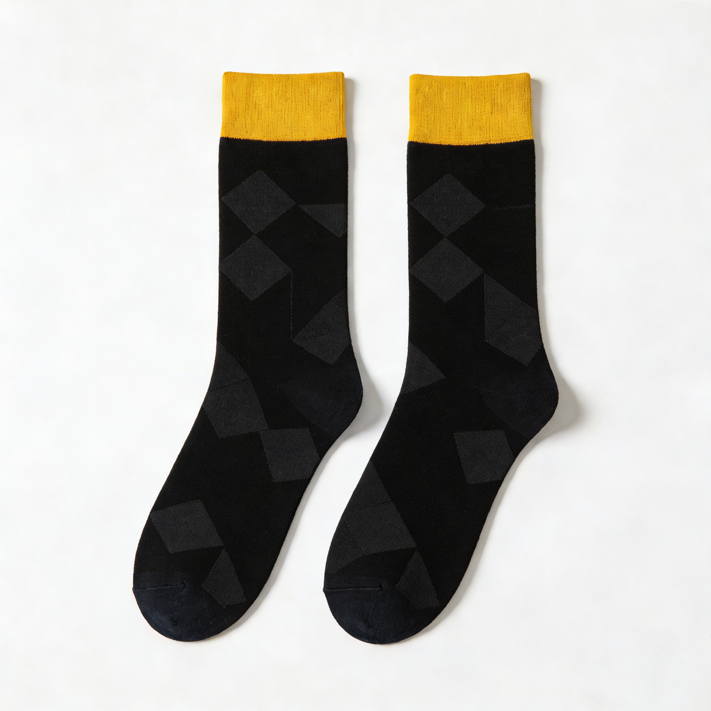 Black & Gray Geometric Diamond Yellow Cuff Crew Socks