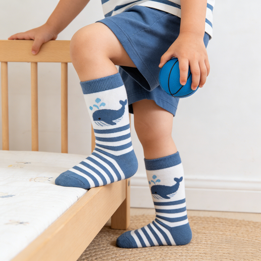Navy & White Stripe Whale Kids Crew Socks