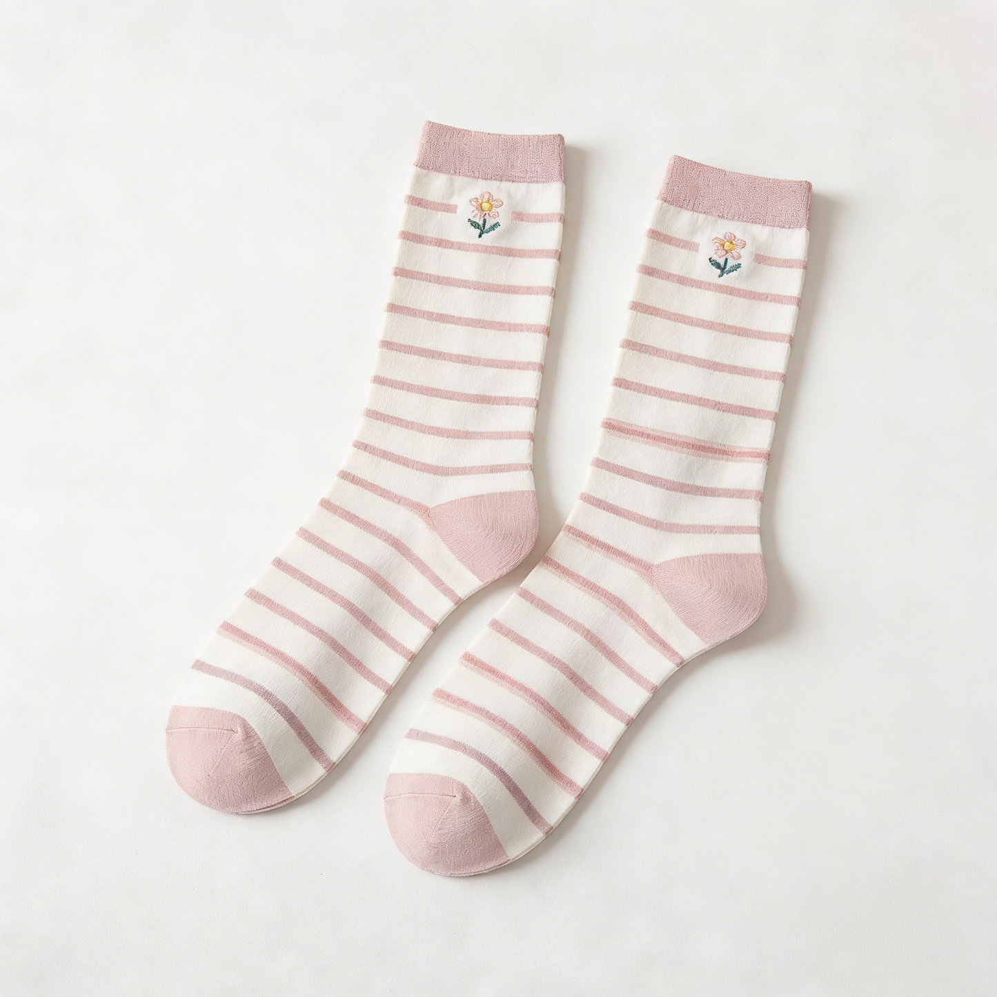 Soft Pink-White Striped Mid-Calf Socks with Floral Embroidery