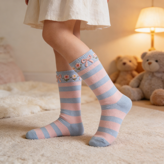 Blue-Pink Striped Knee-High Socks with Bow & Daisy Decoration