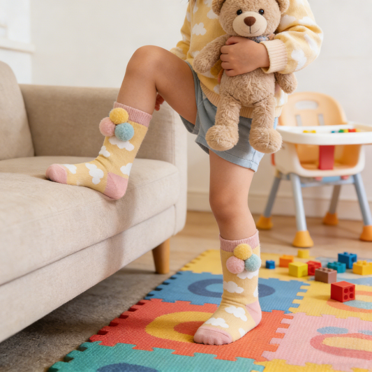 Cloud & Pom-Pom Color Block Kids Crew Socks