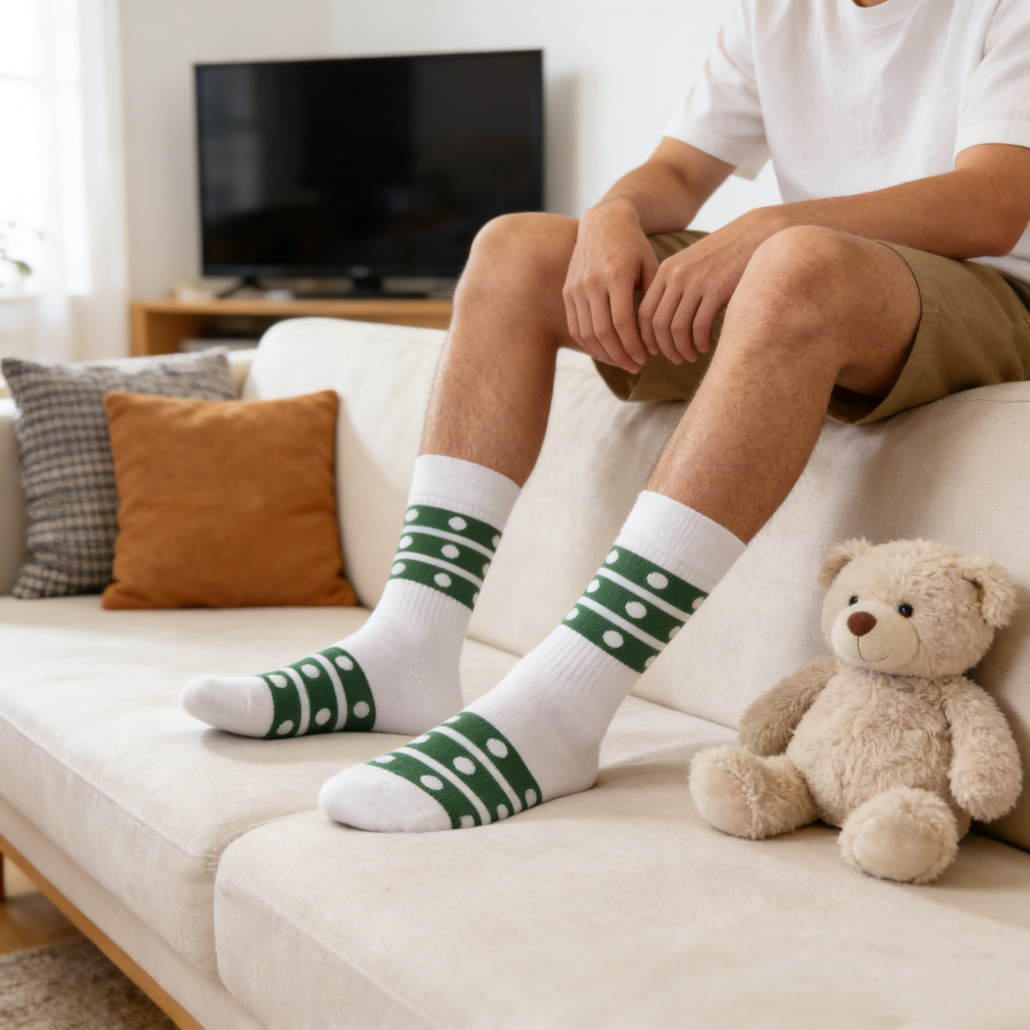 Green & White Polka Dot Stripe Crew Socks