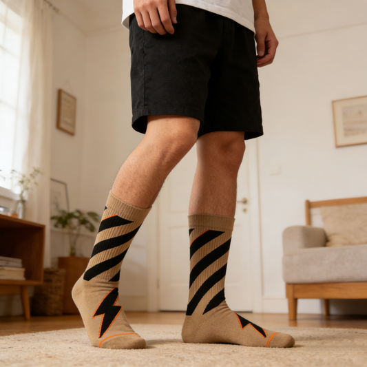 Khaki with Black & Orange Lightning Bolt Diagonal Stripe Crew Socks