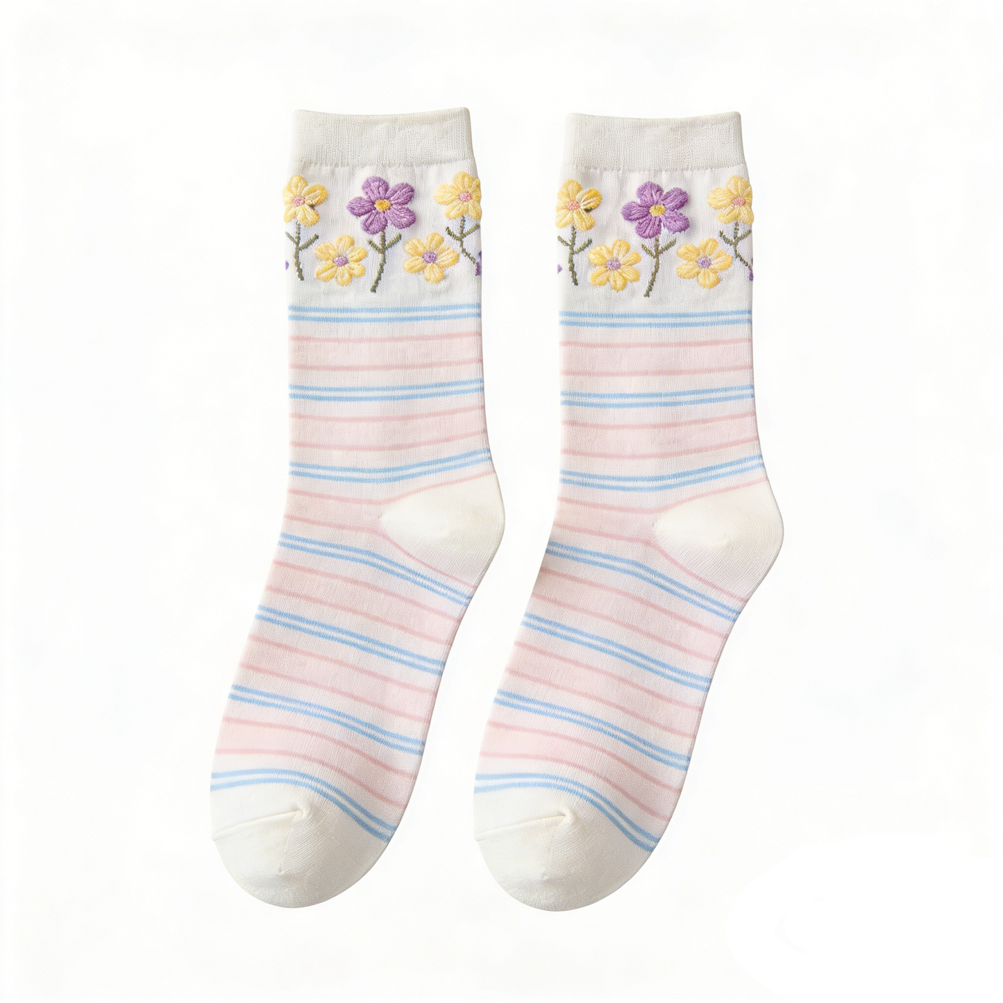 Pink-blue Thin Striped Mid-calf Socks with Yellow-purple Color Block & Small Flower Embroidery