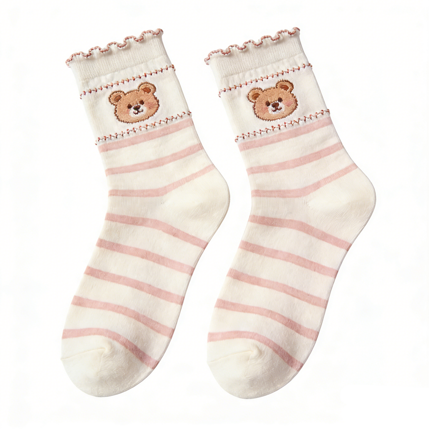Ruffled Edge Pink-white Striped Mid-calf Socks with Little Bear Embroidery