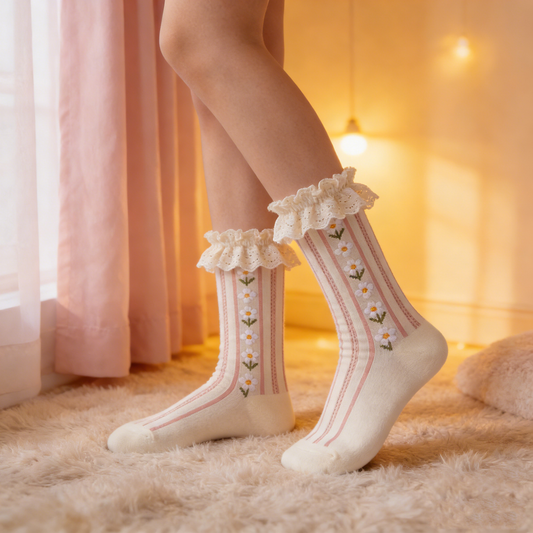 Lace Ruffle Trim Embroidered Ruffled Socks for Women