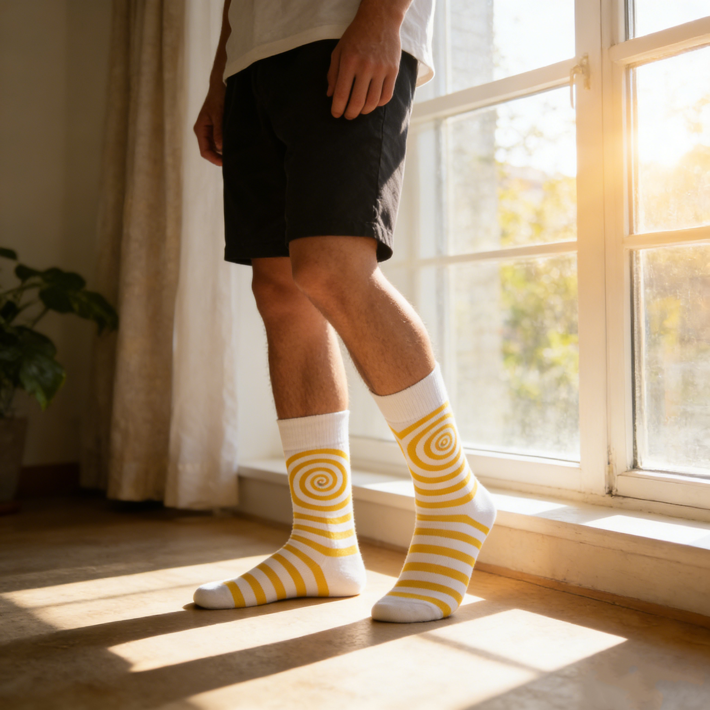 Yellow & White Spiral Stripe Crew Socks