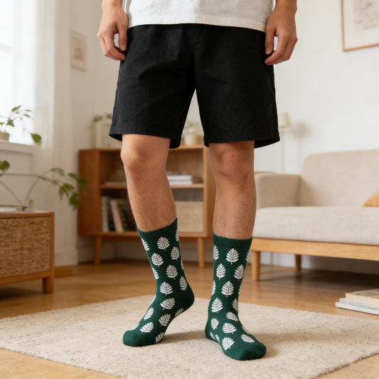 Dark Green with White Leaf Pattern Crew Socks