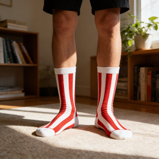 Red & White Contrast Wide Stripe Crew Socks