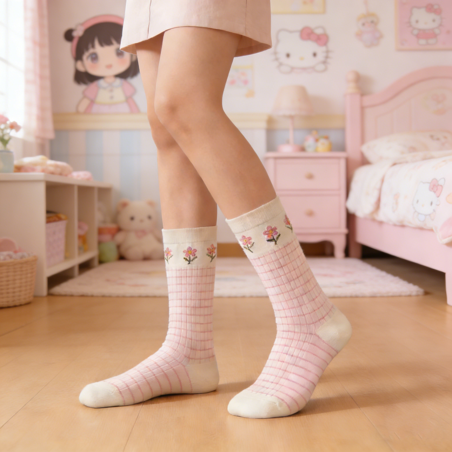 Light Pink Plaid Mid-calf Socks with Three Small Flower Embroidery