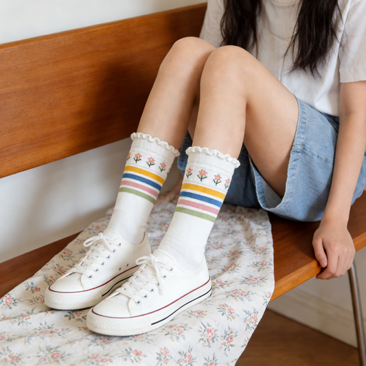 Ruffled Edge White Base Rainbow Striped Mid-calf Socks with Small Flower Embroidery