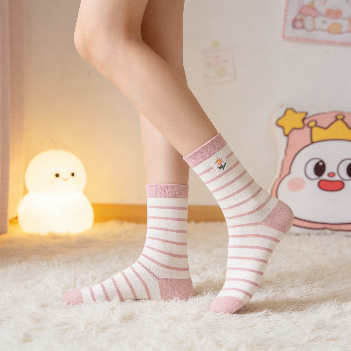 Soft Pink-White Striped Mid-Calf Socks with Floral Embroidery