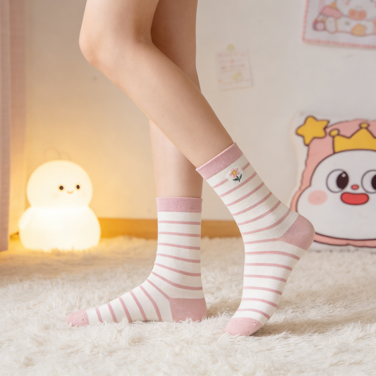 Soft Pink-White Striped Mid-Calf Socks with Floral Embroidery