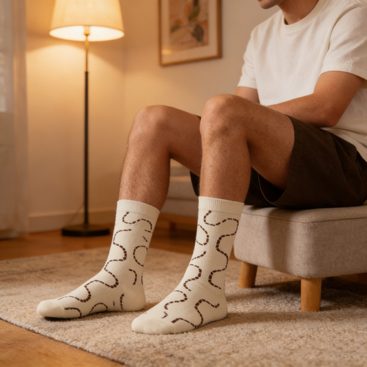 Cream with Brown Wavy Line Crew Socks