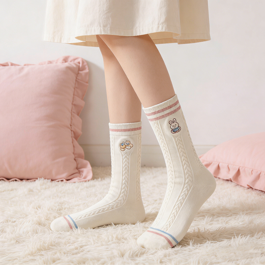 Beige Twist Textured Mid-Calf Socks with Bunny Embroidery