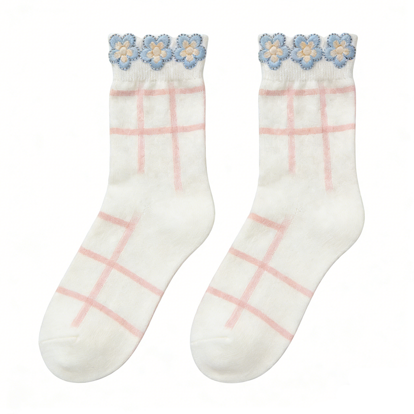 Light Pink Plaid Mid-calf Socks with 3D Blue Flower Embroidery on Cuff