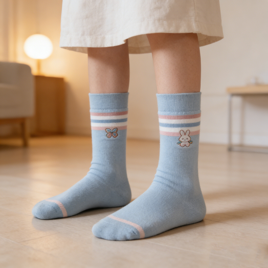 Light Blue Striped Mid-Calf Socks with Cute Bunny