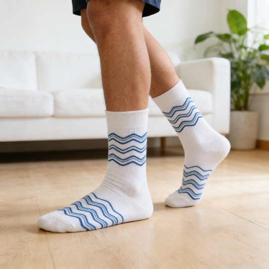 White with Blue Wave Pattern Crew Socks